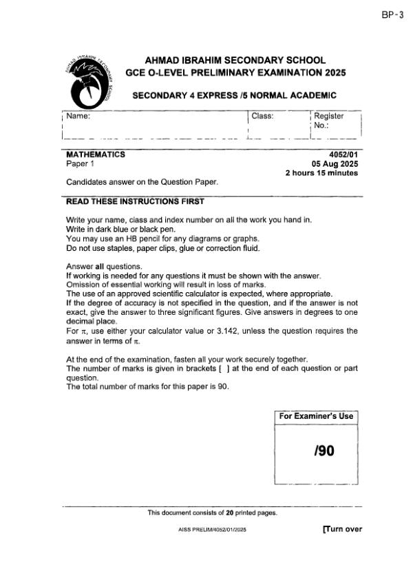 Ahmad Ibrahim Sec4 E_Maths Prelim 2025 exam paper PDF preview