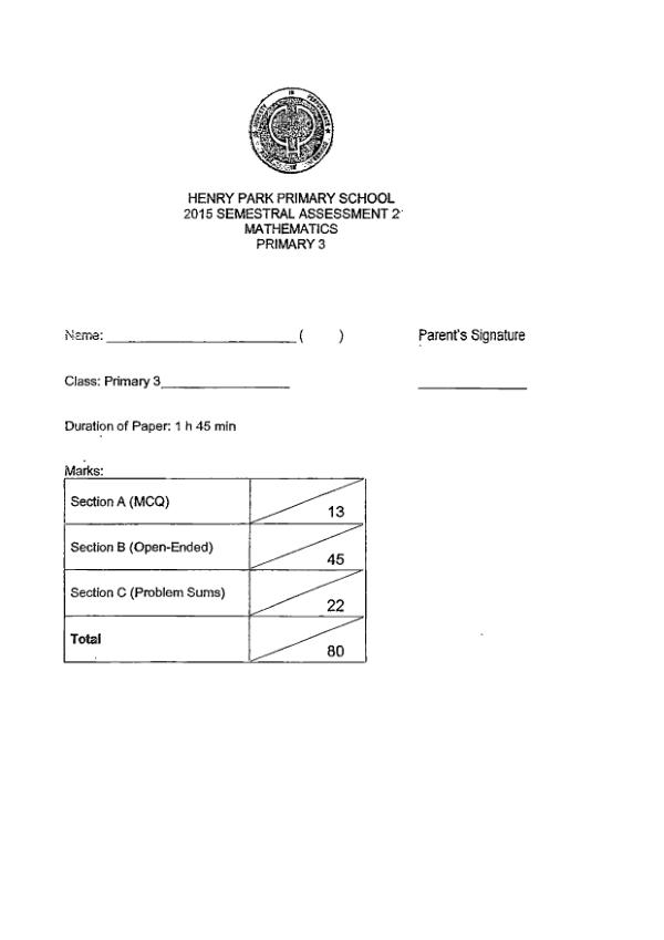 First page preview of P3 Math 2015 SA2 — Henry Park