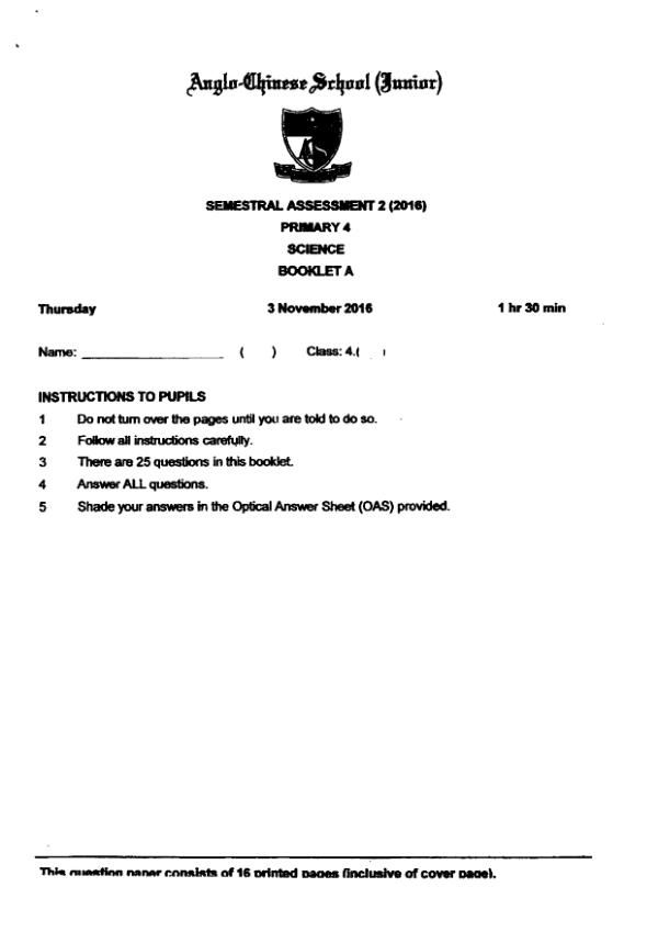 Anglo Chinese P4 Sci SA2 2016 exam paper PDF first page preview