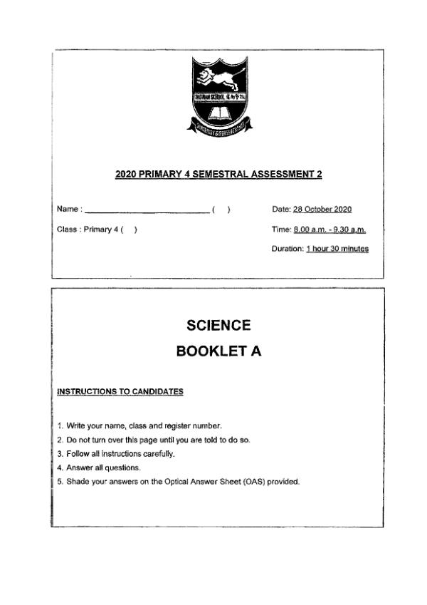 Tao Nan P4 Sci SA2 2020 exam paper PDF preview