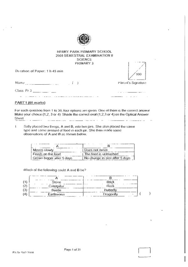 Henry Park P3 Sci SA2 2008 exam paper PDF first page preview