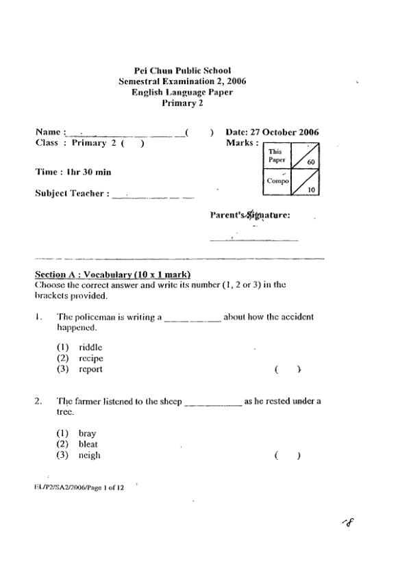 Pei Chun P2 Eng SA2 2006 exam paper PDF first page preview