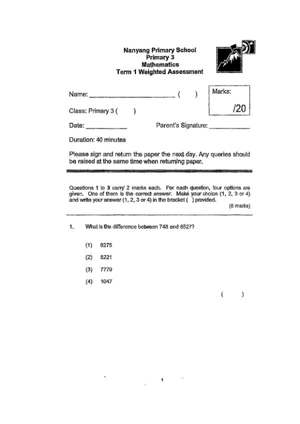 First page preview of P3 Math 2024 WA1 — Nanyang