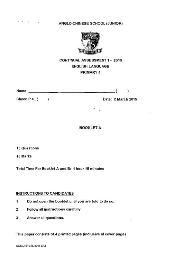 Anglo Chinese P4 Eng WA1 2015 exam paper PDF preview