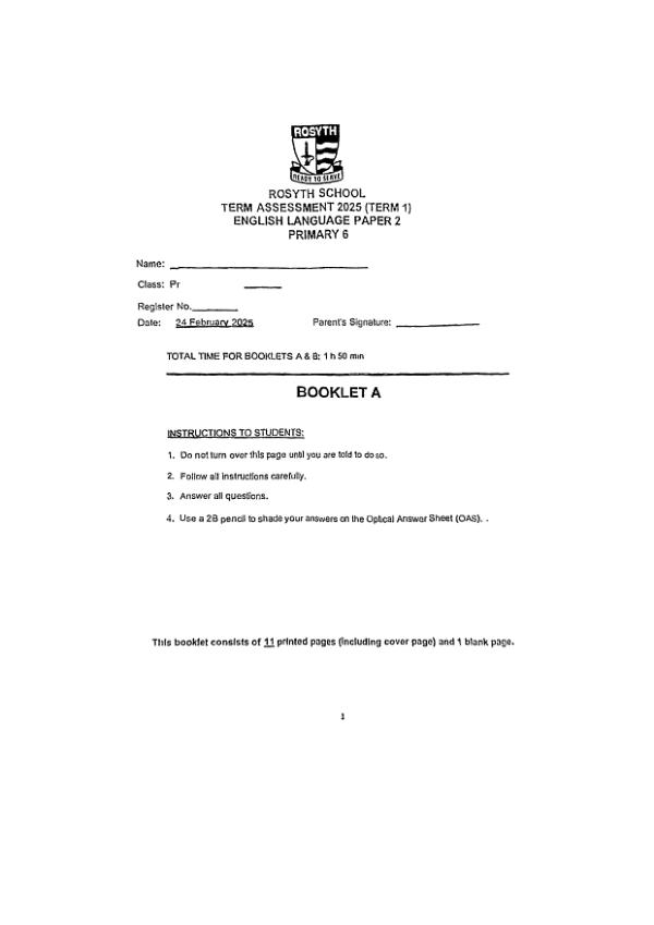 Rosyth P6 Eng WA1 2025 exam paper PDF first page preview