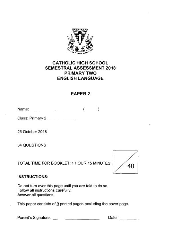 Catholic High P2 Eng SA2 2018 exam paper PDF first page preview