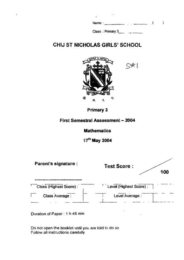 CHIJ P3 Math WA2 2004 exam paper PDF preview