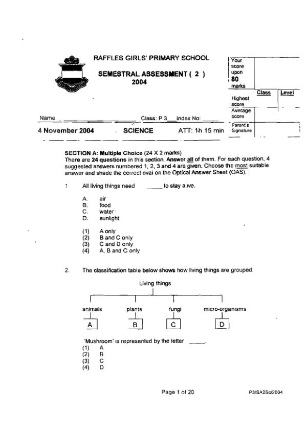 Raffles Girls P3 Sci SA2 2004 exam paper PDF preview