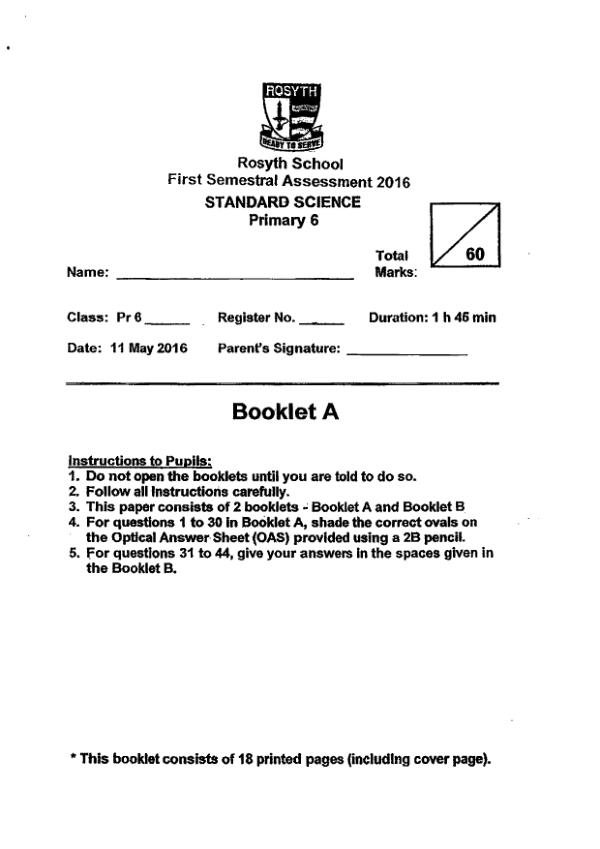 Rosyth P6 Sci WA2 2016 exam paper PDF preview