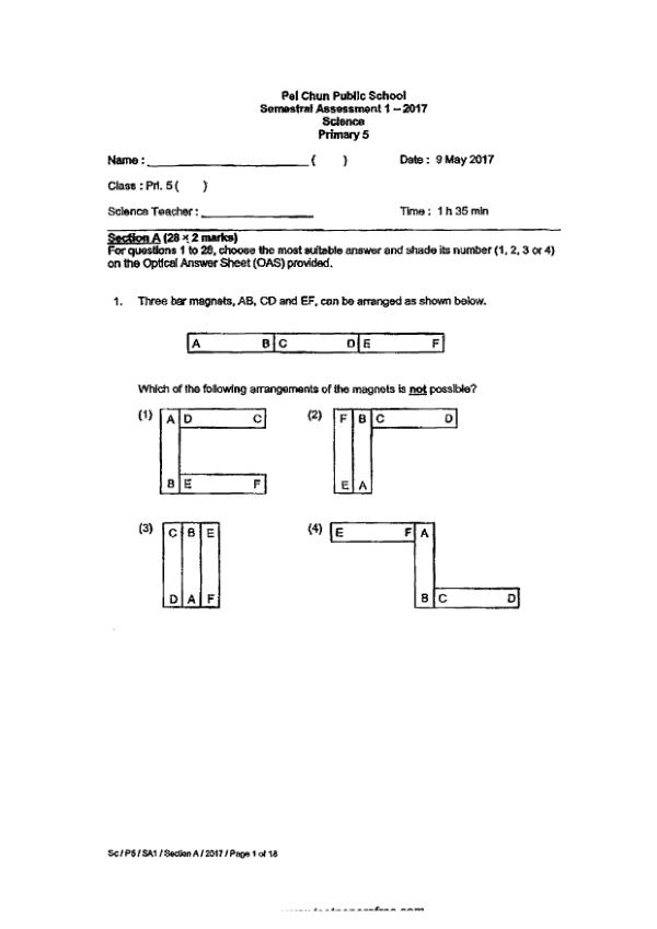 Pei Chun P5 Sci WA2 2017 exam paper PDF first page preview