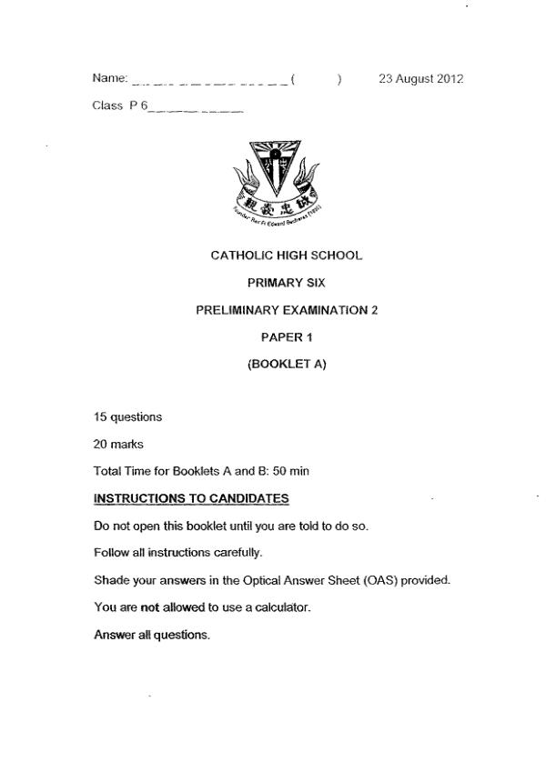 Catholic High P6 Math SA2 2012 exam paper PDF preview