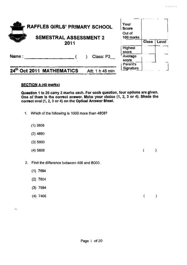Raffles Girls P3 Math SA2 2011 exam paper PDF preview