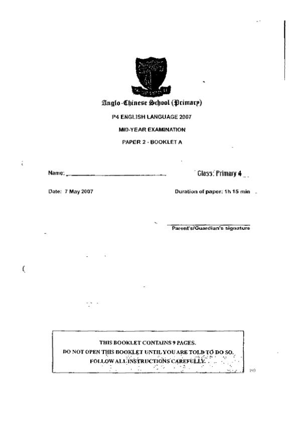 Anglo Chinese P4 Eng WA2 2007 exam paper PDF first page preview