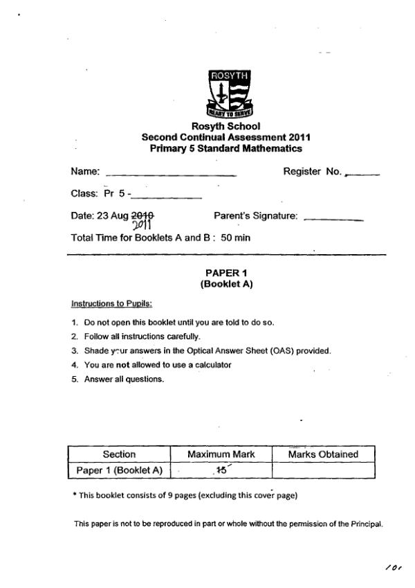 Rosyth P5 Math WA3 2011 exam paper PDF preview