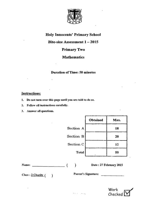 First page preview of P2 Math 2015 WA1 — Holy Innocents