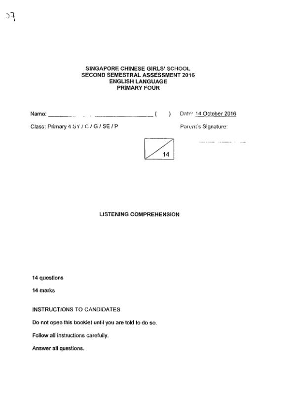 Singapore Chinese Girls P4 Eng SA2 2016 exam paper PDF preview