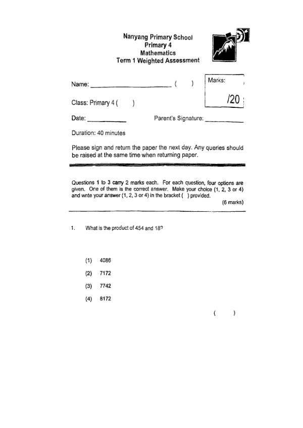 First page preview of P4 Math 2025 WA1 — Nanyang