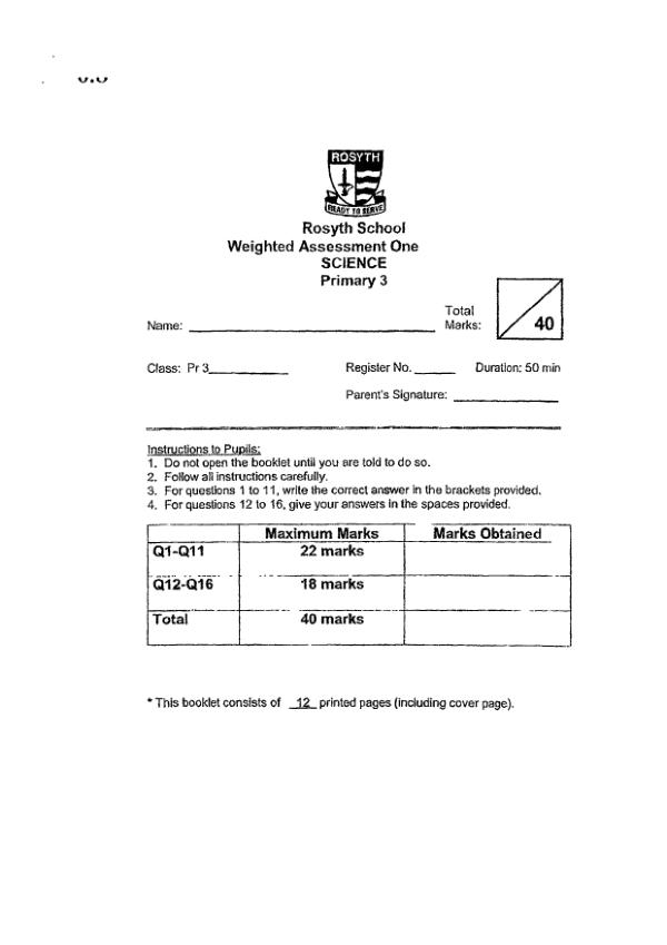 Rosyth P3 Sci WA1 2023 exam paper PDF first page preview