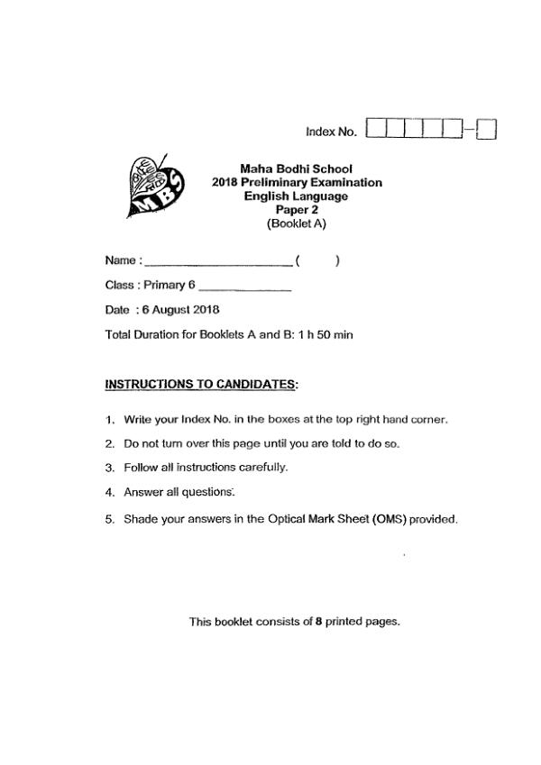 Maha Bodhi P6 Eng SA2 2018 exam paper PDF preview