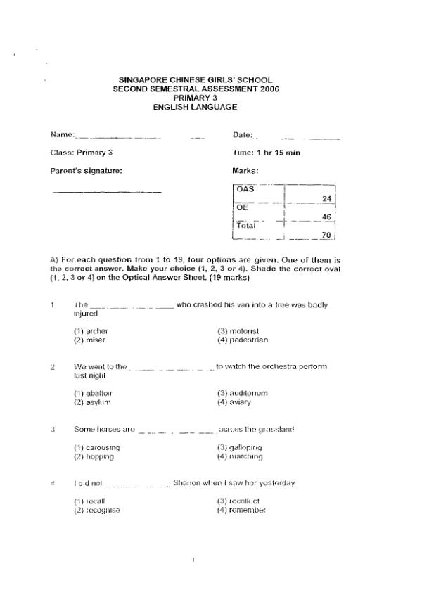 Singapore Chinese Girls P3 Eng SA2 2006 exam paper PDF preview