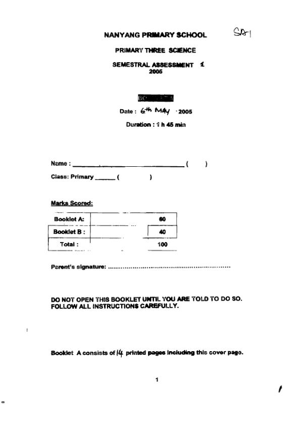 Nanyang P3 Sci WA2 2005 exam paper PDF preview
