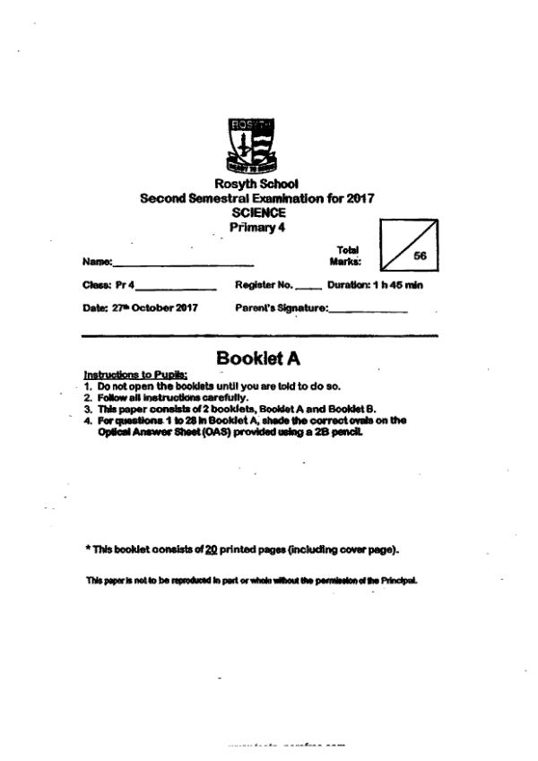 Rosyth P4 Sci SA2 2017 exam paper PDF preview