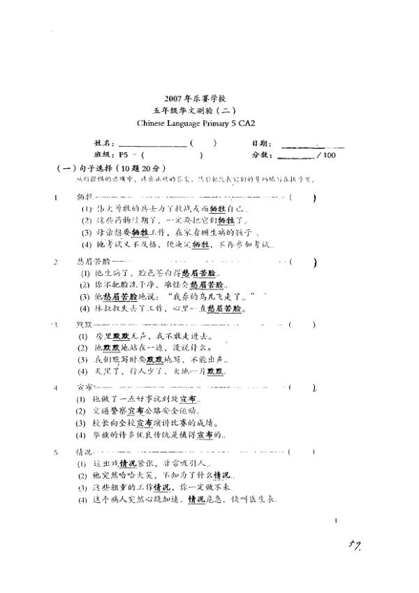 Rosyth P5 Chi WA3 2007 exam paper PDF preview