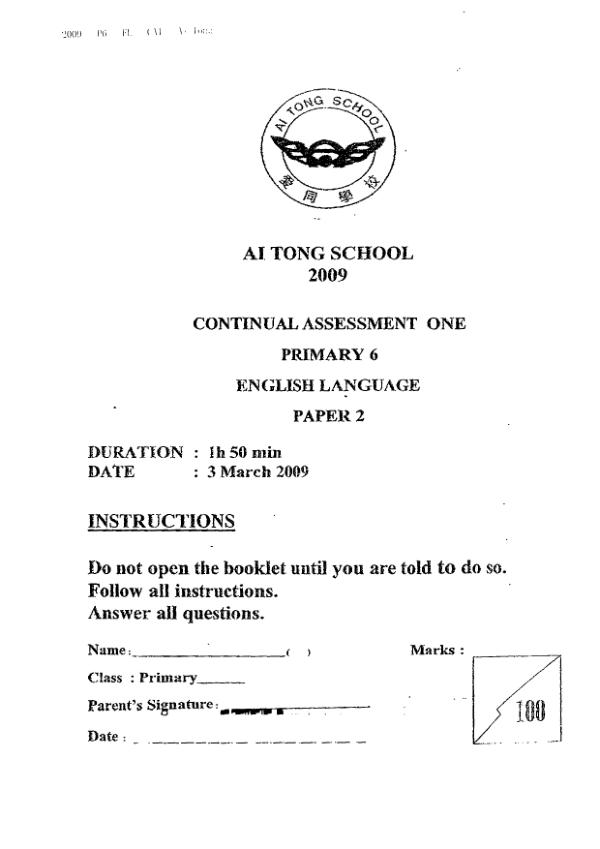 Ai Tong P6 Eng WA1 2009 exam paper PDF preview