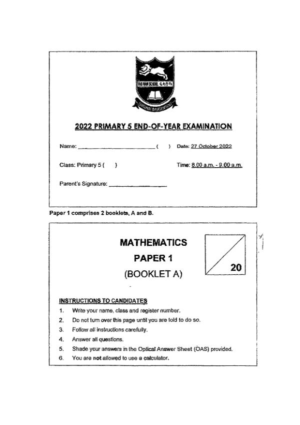 First page preview of P5 Math 2022 SA2 — Tao Nan