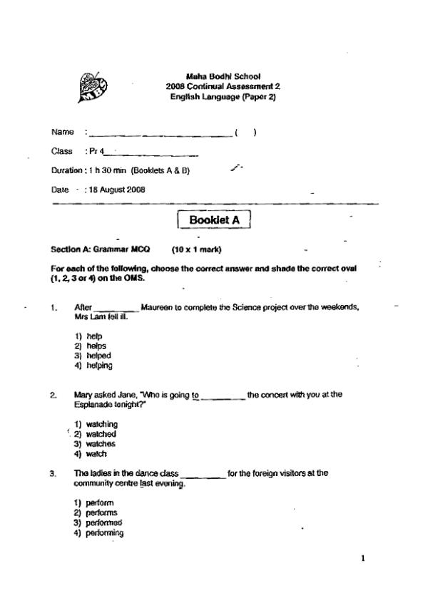 Maha Bodhi P4 Eng WA3 2008 exam paper PDF first page preview