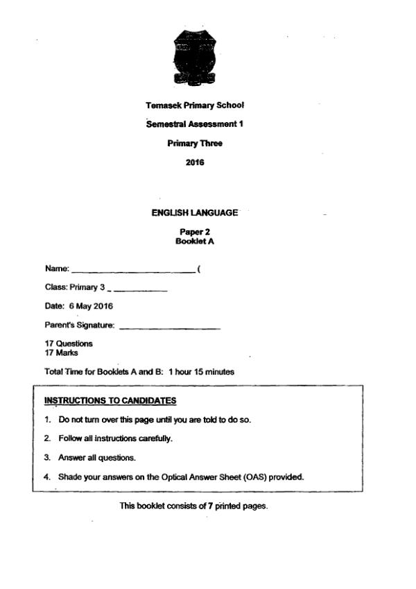 Temasek P3 Eng WA2 2016 exam paper PDF first page preview