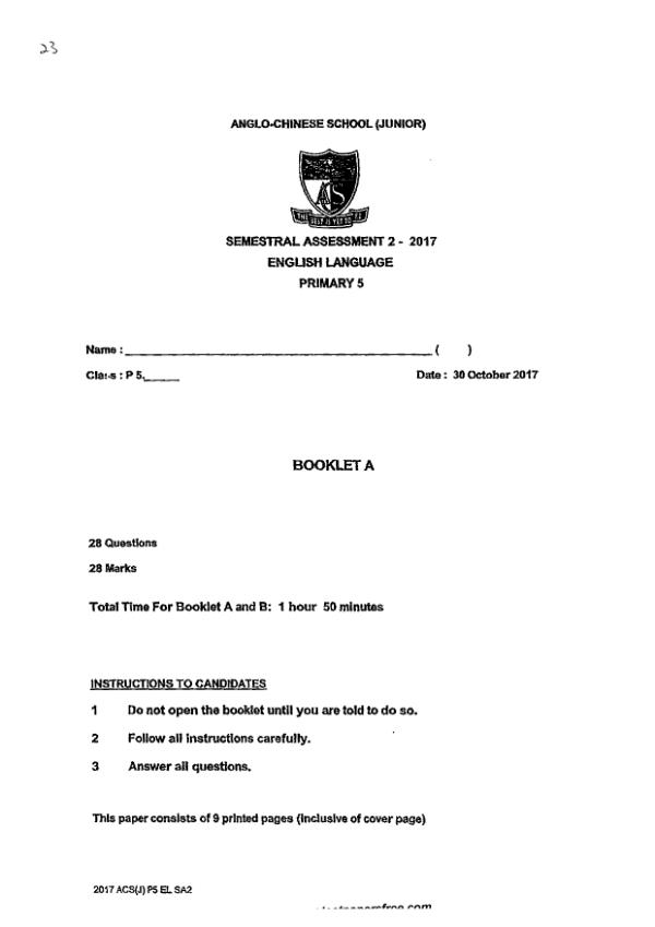 Anglo Chinese P5 Eng SA2 2017 exam paper PDF first page preview