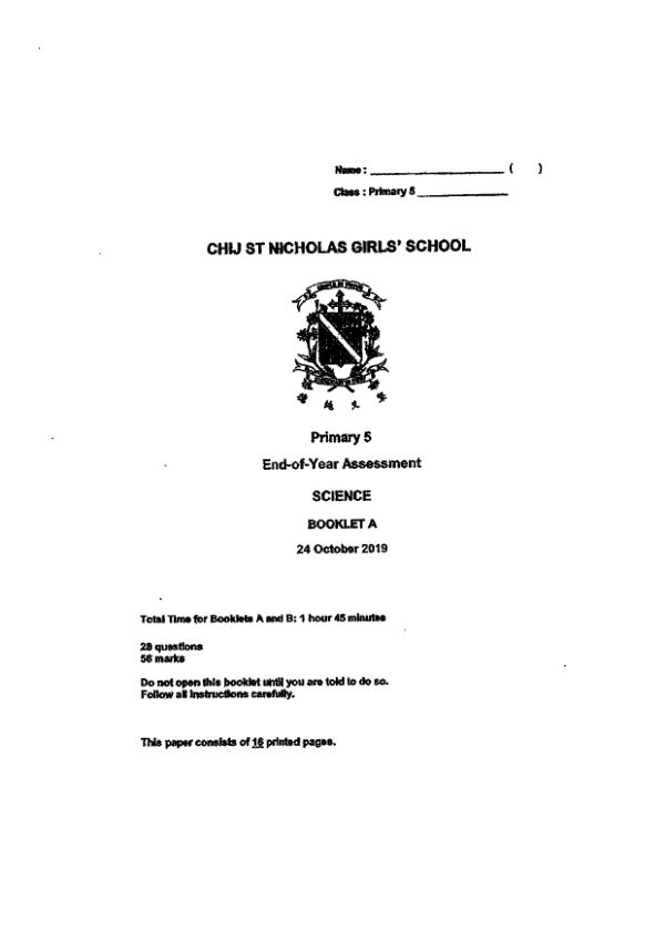 CHIJ P5 Sci SA2 2019 exam paper PDF preview
