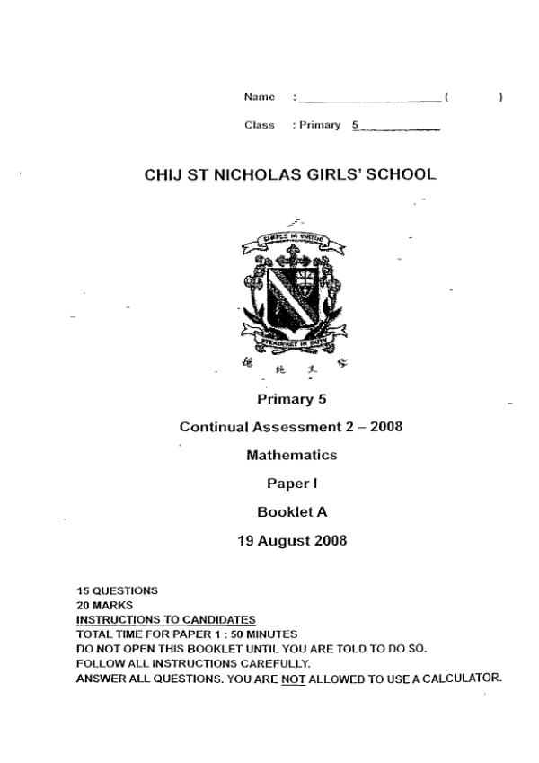 CHIJ P5 Math WA3 2008 exam paper PDF first page preview