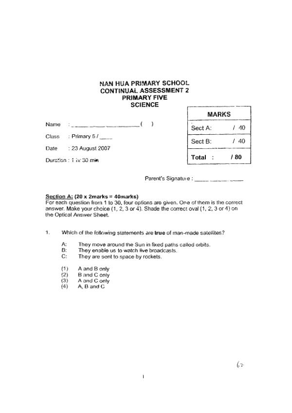 Nan Hua P5 Sci WA3 2007 exam paper PDF preview