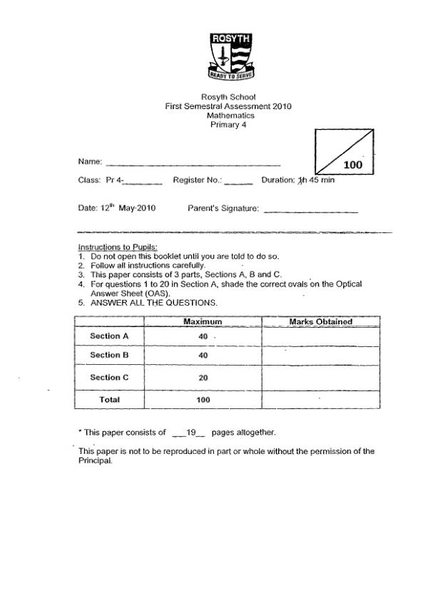 Rosyth P4 Math WA2 2010 exam paper PDF first page preview