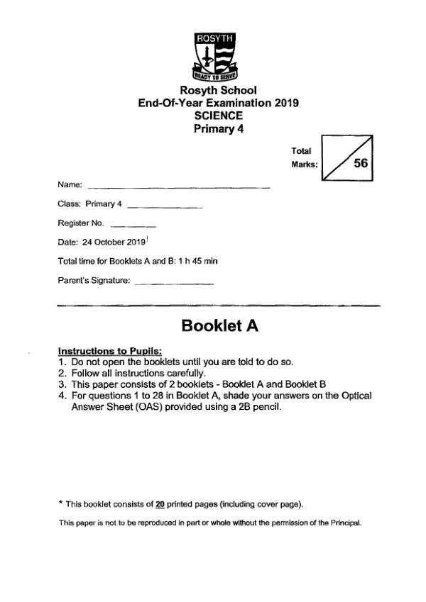 Rosyth P4 Sci SA2 2019 exam paper PDF preview