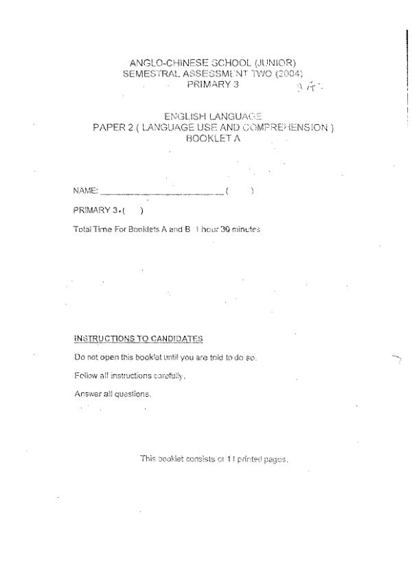 Anglo Chinese P3 Eng SA2 2004 exam paper PDF first page preview