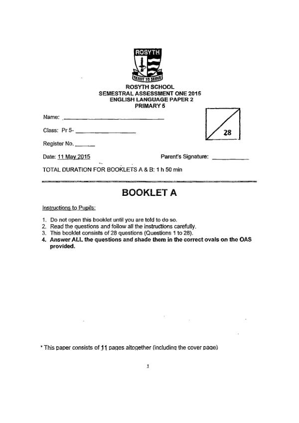 Rosyth P5 Eng WA2 2015 exam paper PDF first page preview