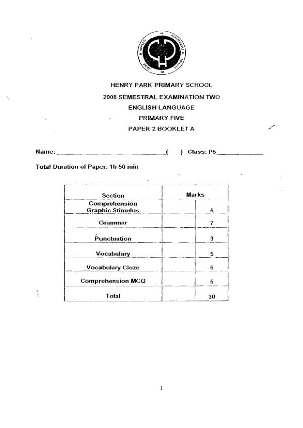 Henry Park P5 Eng SA2 2008 exam paper PDF preview
