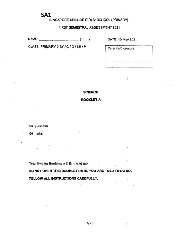Singapore Chinese Girls P6 Sci WA2 2021 exam paper PDF first page preview