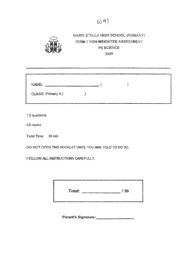 First page preview of P4 Sci 2025 WA1 — Maris Stella High