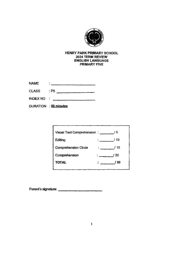 First page preview of P5 Eng 2024 WA1 — Henry Park