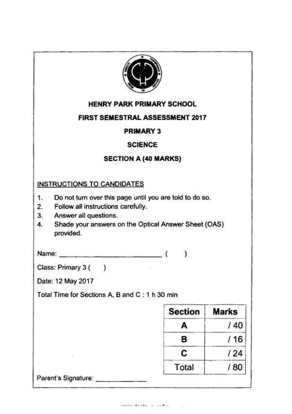 Henry Park P3 Sci WA2 2017 exam paper PDF first page preview