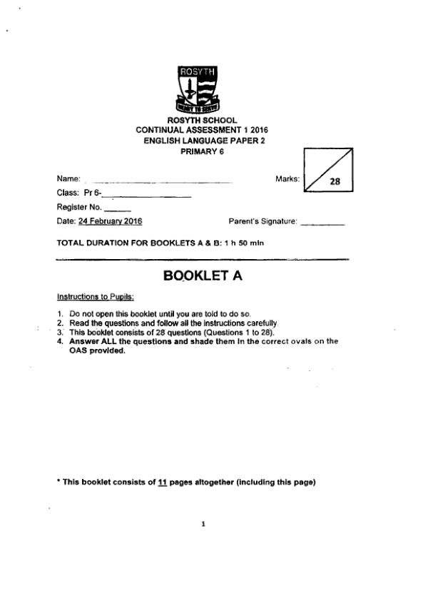 Rosyth P6 Eng WA1 2016 exam paper PDF preview