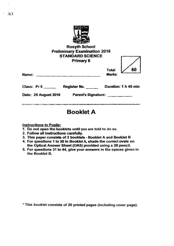 Rosyth P6 Sci SA2 2016 exam paper PDF preview