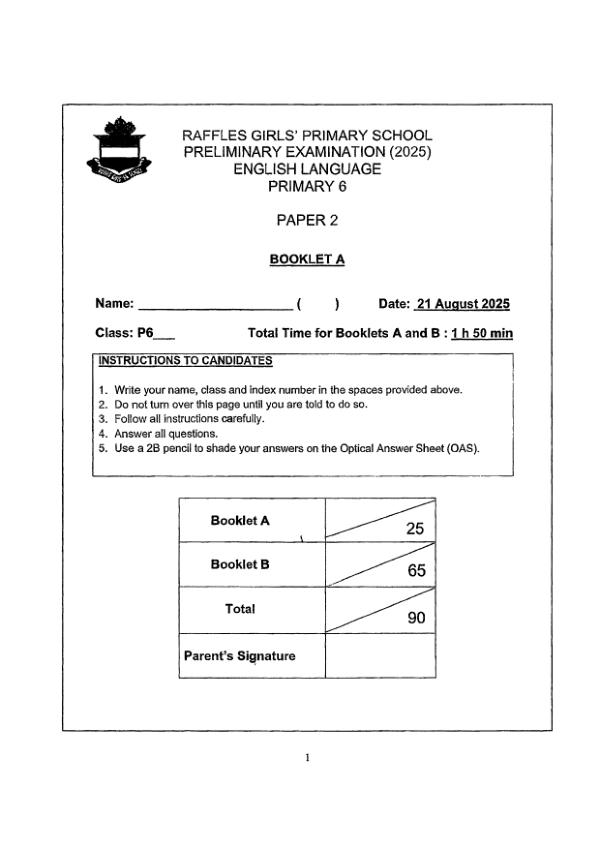 Raffles Girls P6 Eng SA2 2025 exam paper PDF preview