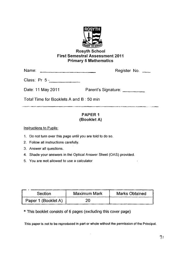 Rosyth P5 Math WA2 2011 exam paper PDF preview