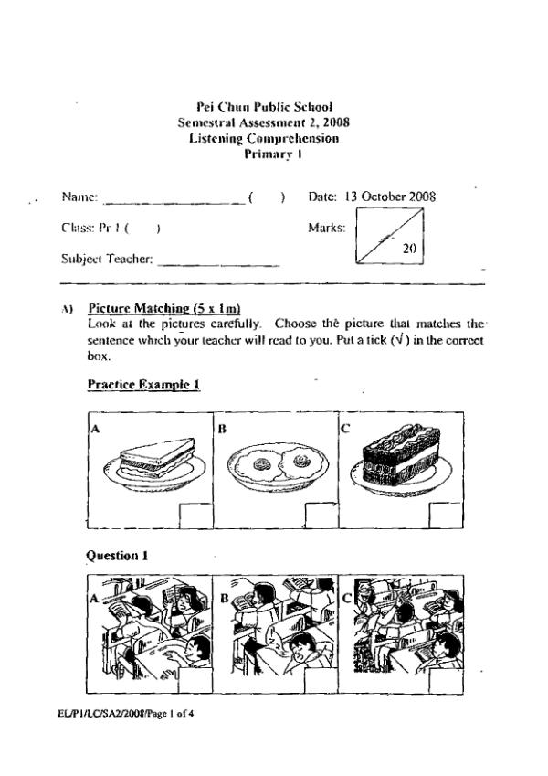 Pei Chun P1 Eng SA2 2008 exam paper PDF first page preview