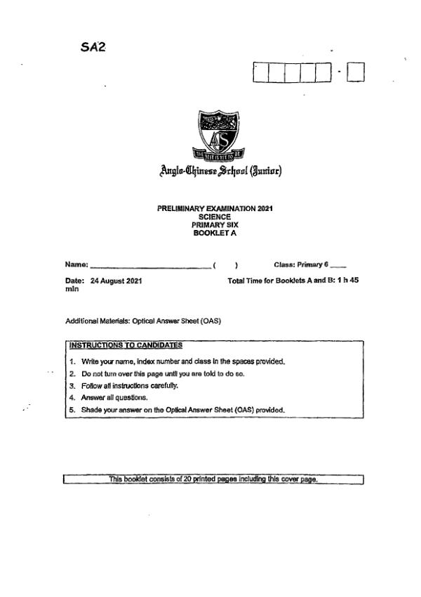 Anglo Chinese P6 Sci SA2 2021 exam paper PDF preview